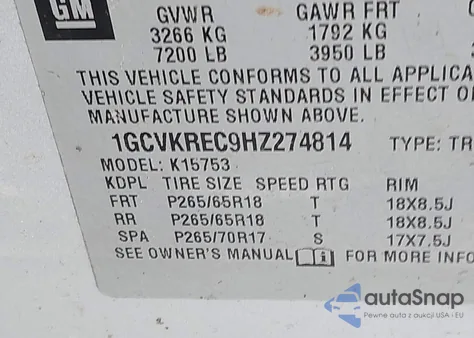 2017 Chevrolet Silverado 1500 2Lt z USA, uszkodzony, nr VIN 1GCVKREC9HZ274814